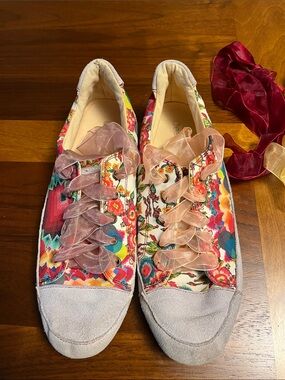 Desigual Multicolor Floral Sneakers with Sheer Pink Ribbon Laces, fits 9 USA